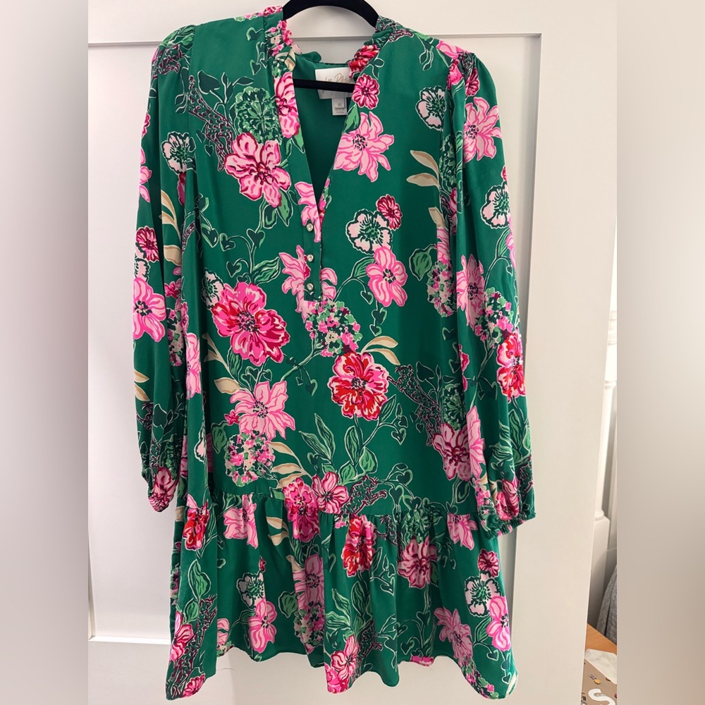 Lilly Pulitzer Green Pink Floral Long Sleeve Silk Dress